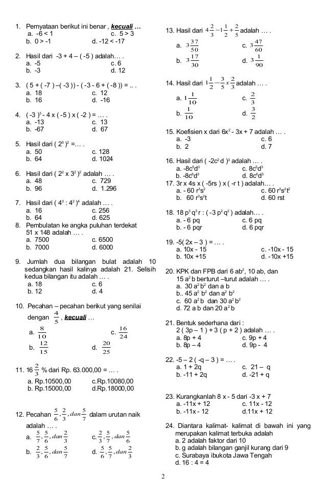 Soal matematika kelas 7 bab 1 kurikulum 2013