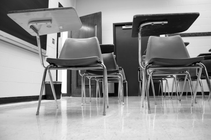 empty desks chairs school classroom
