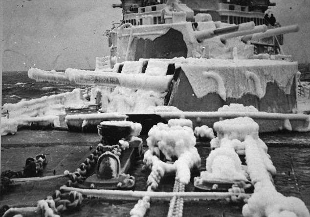 Appalling cold: Snow and ice covered the upper works of all ships