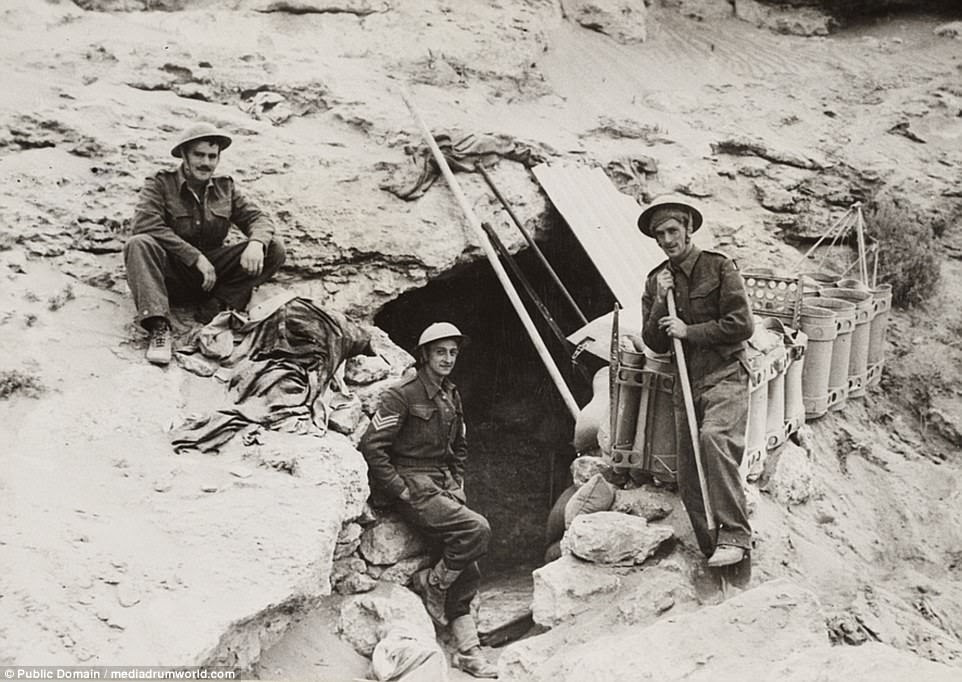 Pictured: British troops dig in around Tobruk, which was under siege for several months by Axis forces but ultimately relieved 