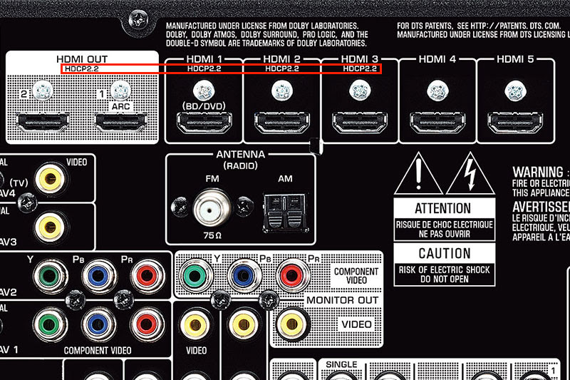 Because HDCP 2.2 is very new and often used as a selling point, manufacturers would usually indicate which connections on their devices support it. If you don't see the markings, check the specs sheet to verify. Shown here is the back panel of the new Yamaha RX-V779 receiver.