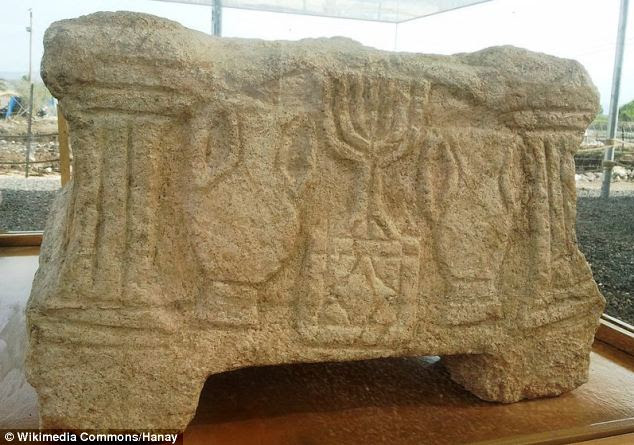 This stone, with carvings on each site and the top including one of a seven-branched candelabrum, was found in what was the main hall of the synagogue, which also had a mosaic floor and plaster walls