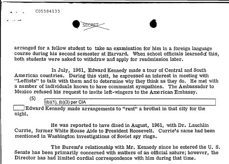 Disclosed: One of the pages of the FBI documents accusing Senator Edward Kennedy of renting a brothel for the night and meeting with leftist Communists