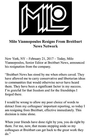 It's over: Milo steps down from the site which had propelled him into becoming one of the most high-profile parts of the so-called alt-right