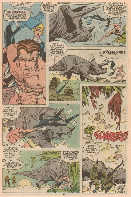 Mr. Fantastic wards off a Triceratops... in his skivvies.