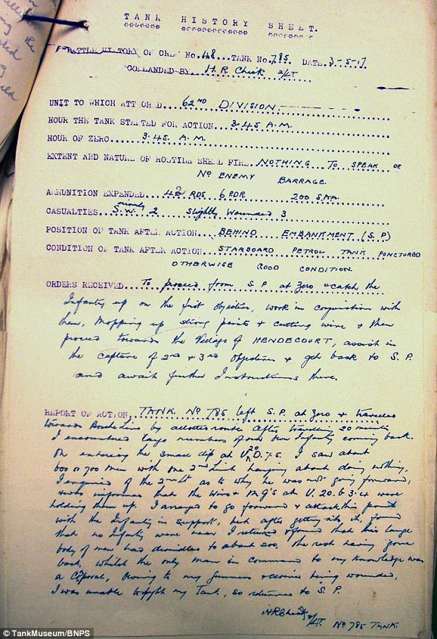 Upon his return from the Battle of Arras, Lt Chick filled out this battle report, which detailed how much ammunition was used, how many people were injured and the condition of the vehicle following the action. The report is also on display at the museum 