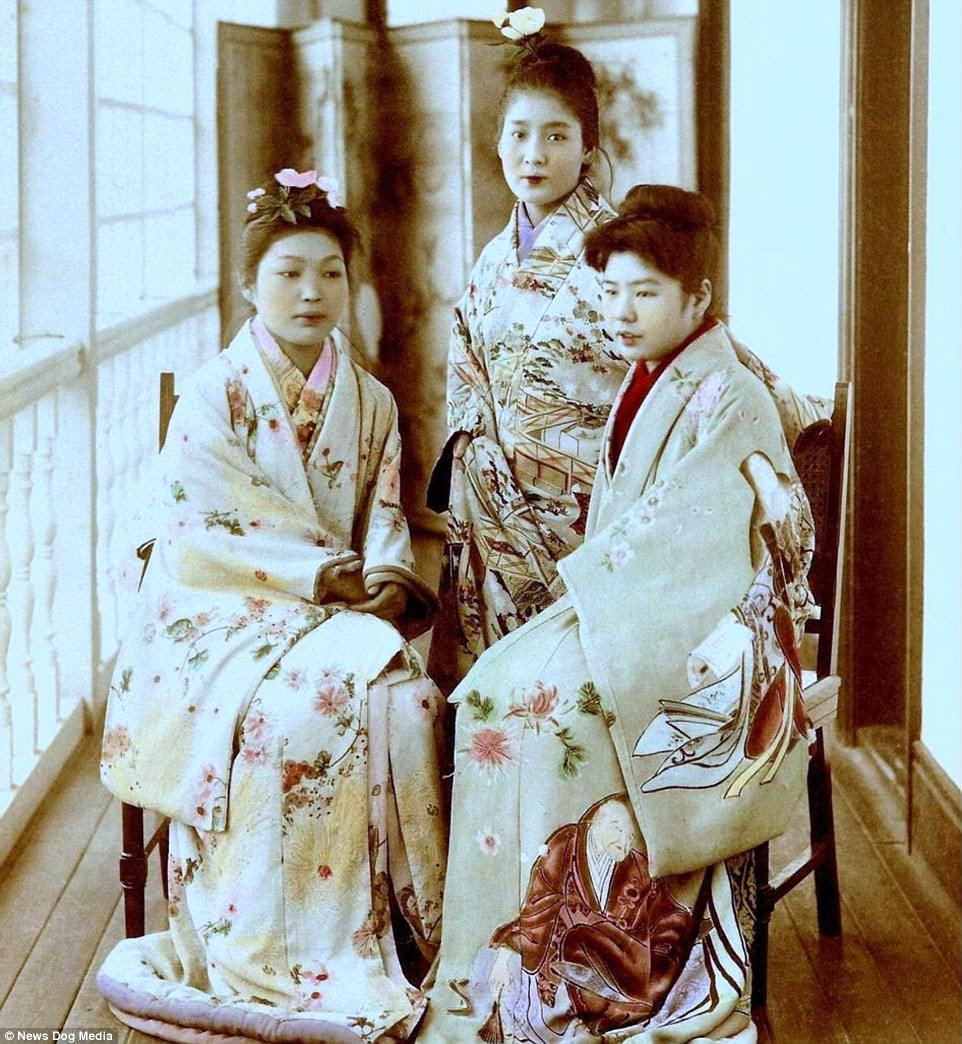 Three prostitutes from the infamous Nectarine No. 9 brothel in Yoshiwara pose for a photograph. One way the women could escape Yoshiwara was if a rich man bought her contract from the brothel and kept her as his personal wife or concubine. Another was if she was successful enough to buy her own freedom