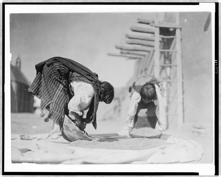Description of  Title: Cleaning wheat--San Juan.  <br />Other Title: The wheat cleaners.  <br />Date Created/Published: c1905.  <br />Summary: Two Tewa people processing wheat outside pueblo structure, San Juan Pueblo, New Mexico.  <br />Photograph by Edward S. Curtis, Curtis (Edward S.) Collection, Library of Congress Prints and Photographs Division Washington, D.C.