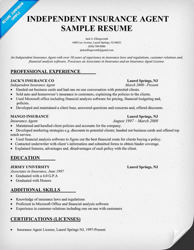 Example Resume Sample Resume Of Insurance Agent