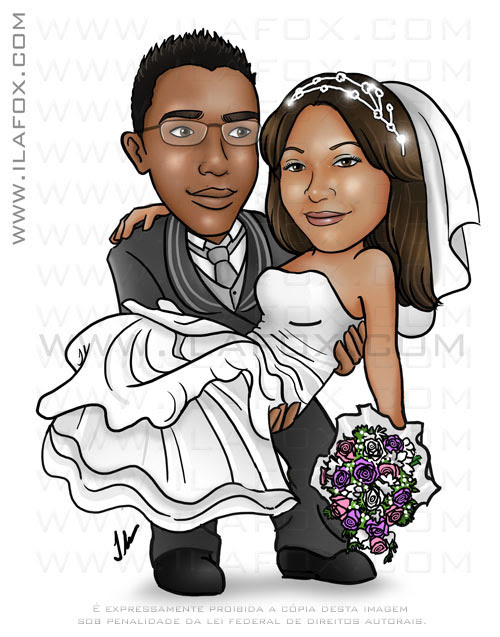 Caricatura colorida, corpo inteiro, casal, noivos, noivo segurando noiva no colo, casal negro, caricatura para casamento, by ila fox