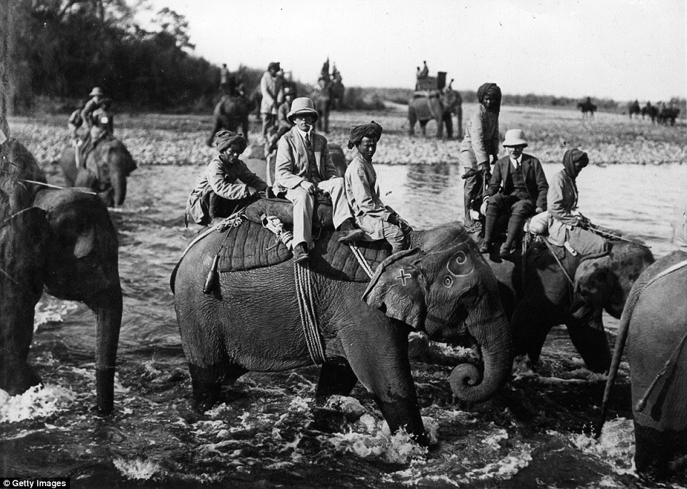 Members of George V's party take part in a tiger hunt which saw the killing of 39 tigers in the space of just 10-days