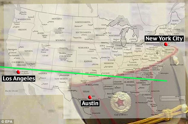 Trajectory: By superimposing a map of the U.S. onto the photograph of the North Korean strike plan researchers at the University of Alabama were able to chart its path