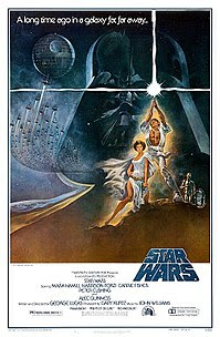 Princess Leia kneels in front of Luke for the original Star Wars poster