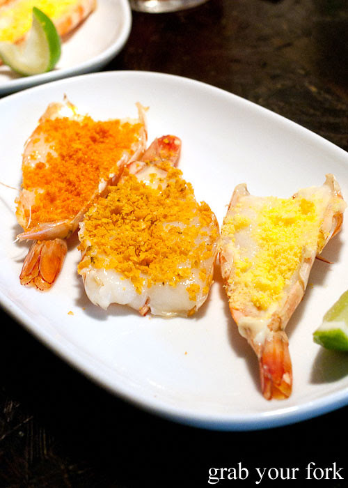 chip-crusted prawns at ms g's, potts point