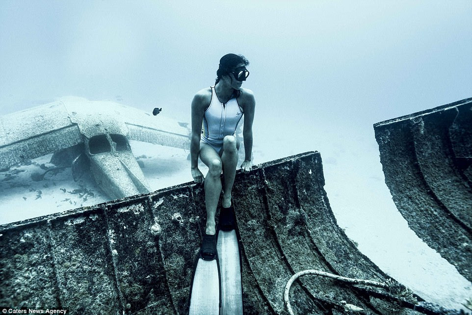 The woman has fulfilled her childhood dream of becoming a real-life mermaid (pictured: Julia  on a WWII bomber plane)