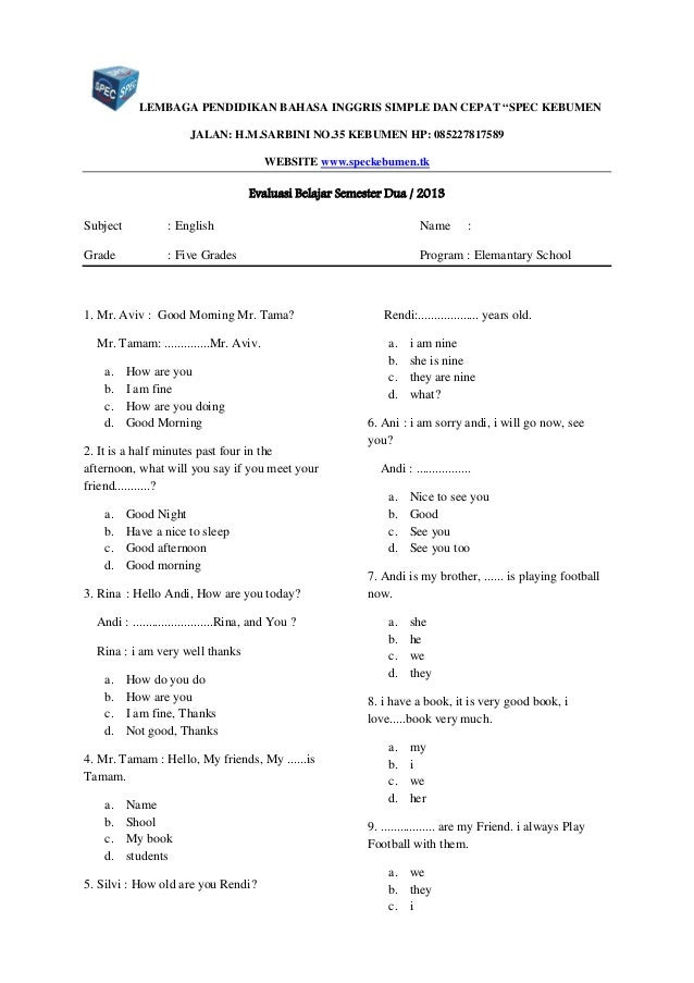 Soal bahasa inggris sd kelas 5 semester 2 Soal bahasa inggris sd kelas 5 semester 2