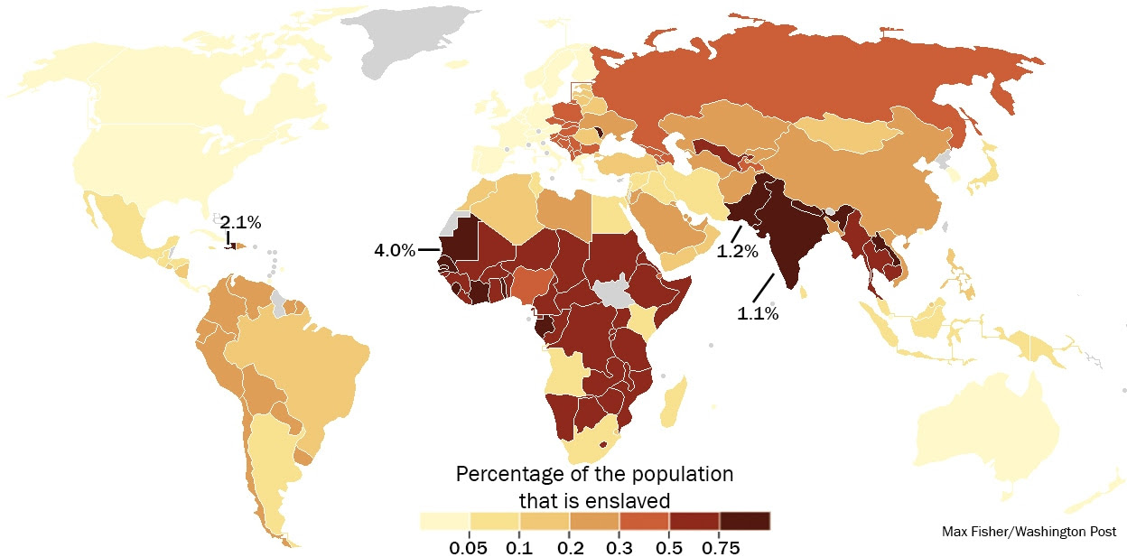 Share of each country's population that is enslaved. Data source: Walk Free Global Slavery Index. (Max Fisher/Washington Post)