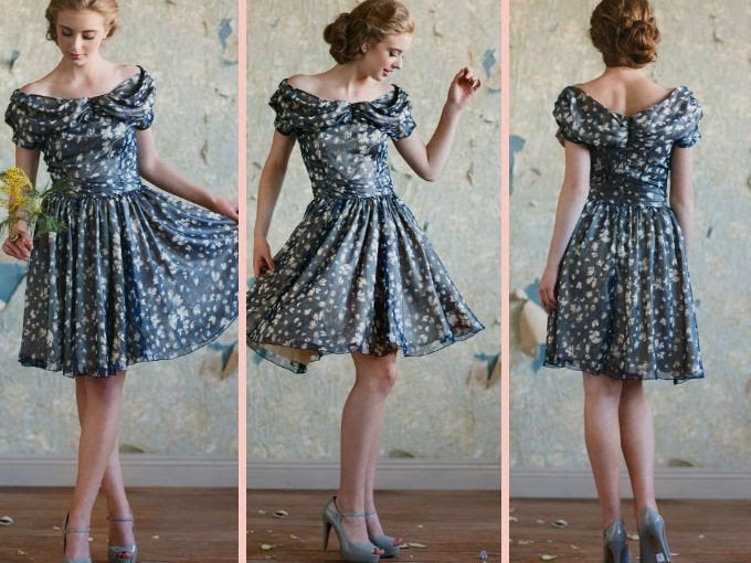 Vestido con estampado floral, perfecto para una boda con aires vintage. Acompáñalo con accesorios sencillos y peina tu cabello en un chongo clásico.