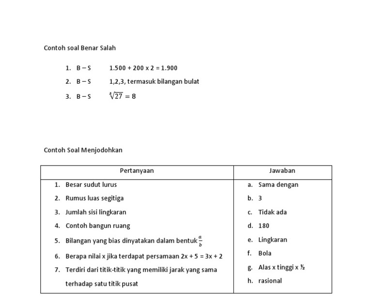 Contoh Soal Menjodohkan Bahasa Inggris Smp