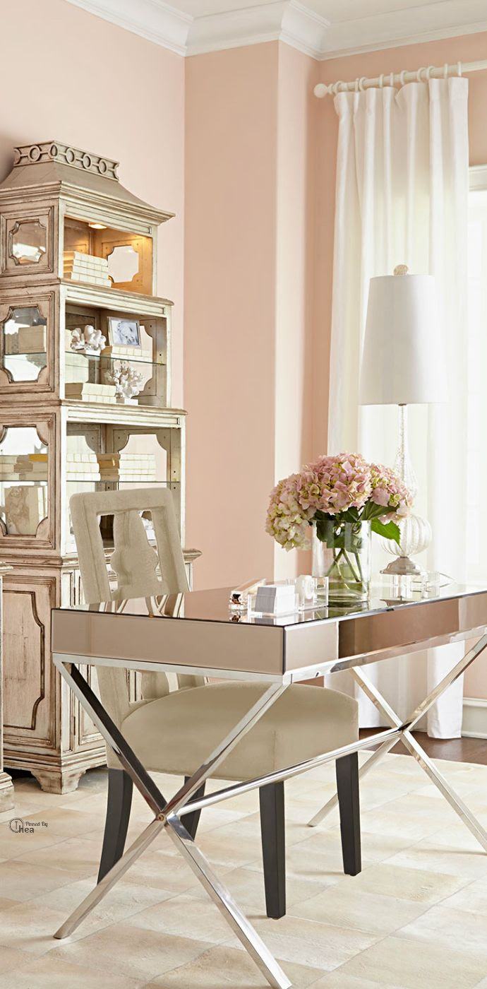 Pretty Glam Pastels Office space. John-Richard Collection Horchow’s Lexington Office Furniture & Pagoda Etagere