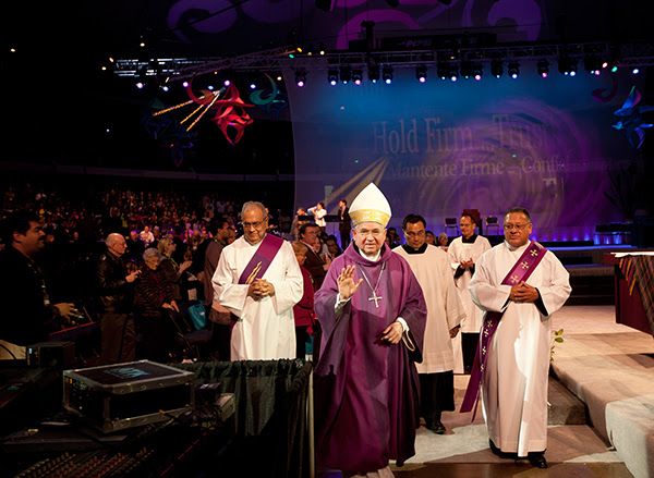 Archbishop José Gomez smiles during the closing Mass of the 2013 Religious Education Congress. This month he marked his third anniversary as leader of Los Angeles’ Catholics. (photo credit: Victor Aleman)
