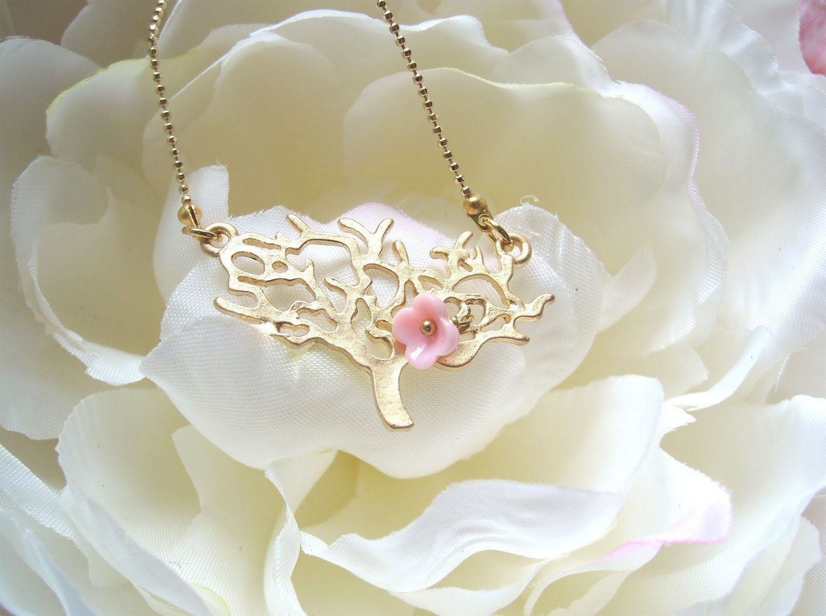 Last Flower. pink flower on the tree. Magical and Whimsical brass necklace. Dainty and feminine.