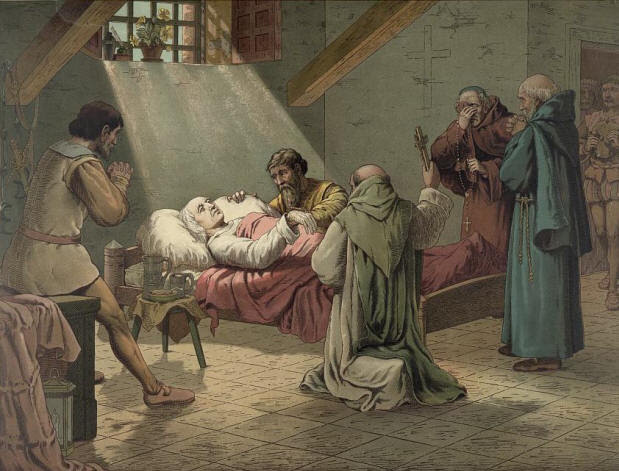 The death of Columbus. Lithograph by L. Prang & Co., 1893.