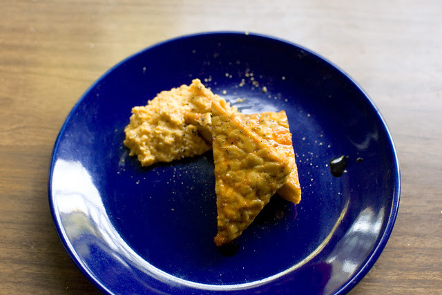 tempeh, hot sauce, and corn