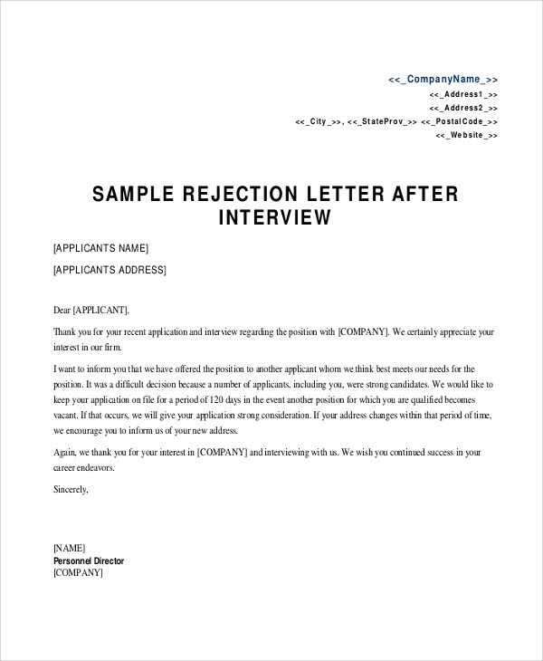 34+ Sample Job Applicant Rejection Letter Sample After Interview download