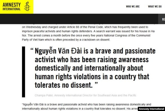 Ân xá Quốc tế kêu gọi Hà Nội trả tự do ngay cho luật sư Nguyễn Văn Đài và người cộng sự là luật sư Lê Thu Hà (Amnesty.org)