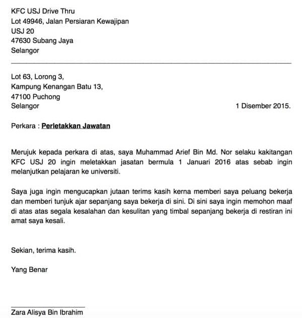 Contoh Surat Rasmi Berhenti Kerja English - Surat Box