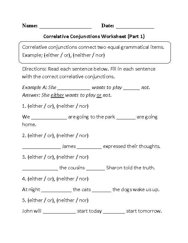 Weekly Grammar Worksheet Conjunctions