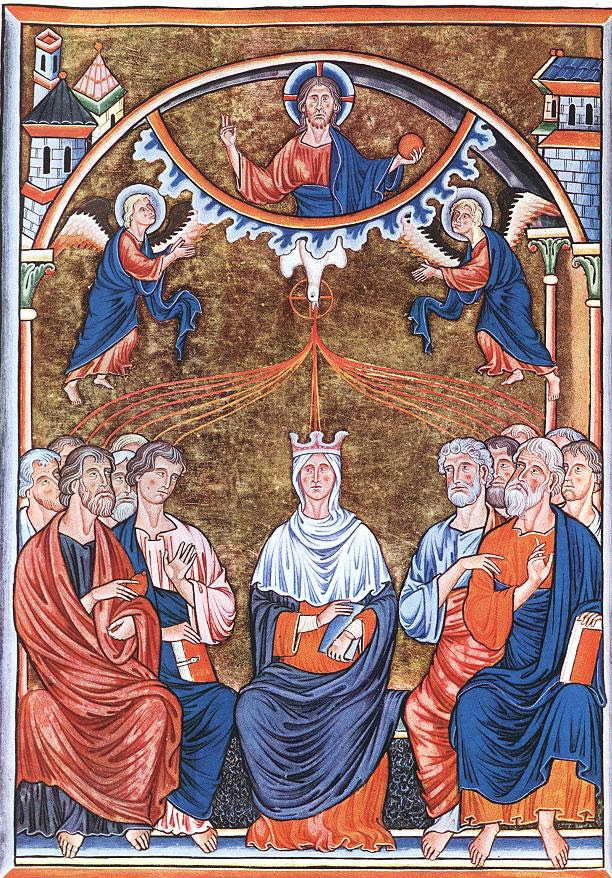 Gothische Miniatur aus dem Ingeborg Psalter: Christus sendet den Geist in Form einer Taube aus über Maria und die zwölf Apostel, vor 1210, Musée Condé in Chantilly