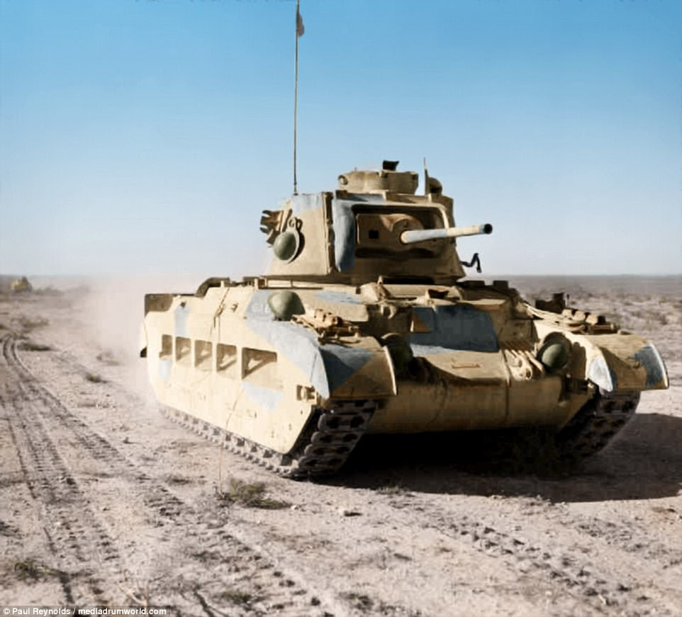A Matilda II tank of the 7th Royal Tank Regiment in the Western Desert, 19 December 1940. The Matilda II was an infantry tank - designed to support troops as they came under heavy fire - designed in 1937 and used between 1939 and 1945. The tanks were heavily armoured but, as a consequence, very slow. Unlike other tanks, they were not adept at pushing quickly behind enemy lines and seizing territory. But there were still 2,987 of the tanks built, many of which being deployed in North Africa 