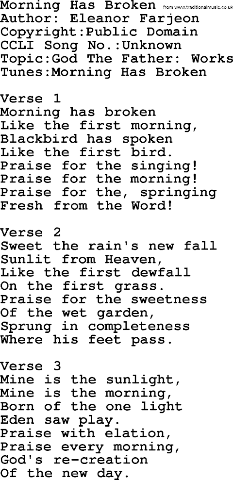 Morning Has Broken Hymn Lyrics Church Of England