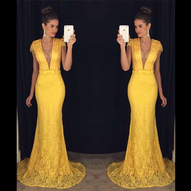 Sexy Deep V Neck Trumpet Tulle Prom Dress Elegant Yellow Lace Prom Dress with Covered Buttons Cap Sleeves Long Sweep Train Prom Dress 020102449_original