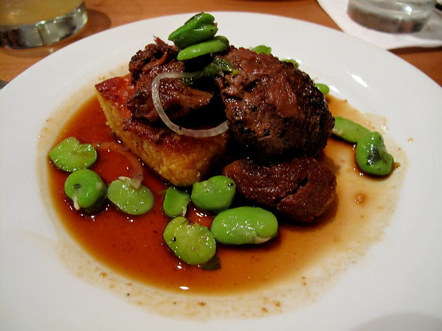Pork cheeks with spoonbread and favas.  Swoon.