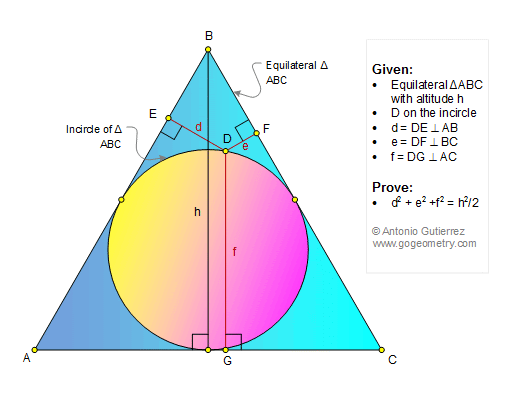 
 English ESL: Problema de Geometria 1346: Triangulo Equilatero, Punto en la circunferencia inscrita, Altura, Perpendicular, Suma de cuadrados, Distancia