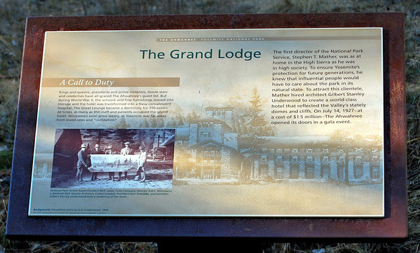 Plaque about The Grand Lodge located in the meadow facing the hotel