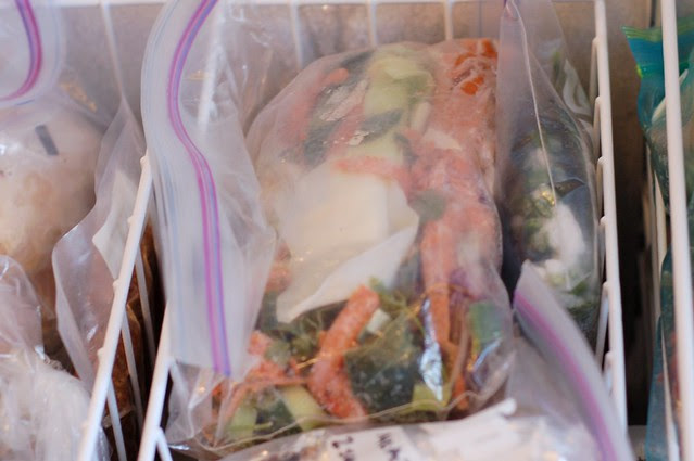 Ziploc of frozen veggie scraps by Eve Fox, Garden of Eating blog, copyright 2012
