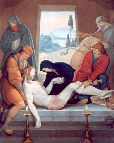 Christian tradition says Christ's body was laid on a slab cut from a limestone cave after his crucifixion by the Romans more than two thousand years ago, shown in this painting by Friedrich Overbeck