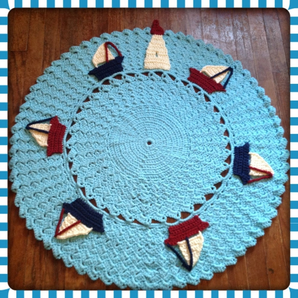 Round Nautical Rug OOAK Sailboat Large Nursery Decor Thick, Soft Crochet 36" Area Rug (Sea in Popsicle Blue) Many Colors- Mat Housewares - OnceUponACraft4U Round Nautical Rug OOAK Sailboat Large Nursery Decor Thick, Soft Crochet 36" Area Rug (Sea in Popsicle Blue) Many Colors- Mat Housewares - OnceUponACraft4U