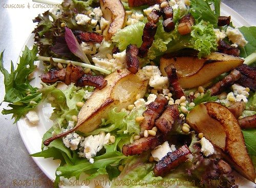 Roasted Pear Salad with Lardons, Gorgonzola & Pine Nuts 1