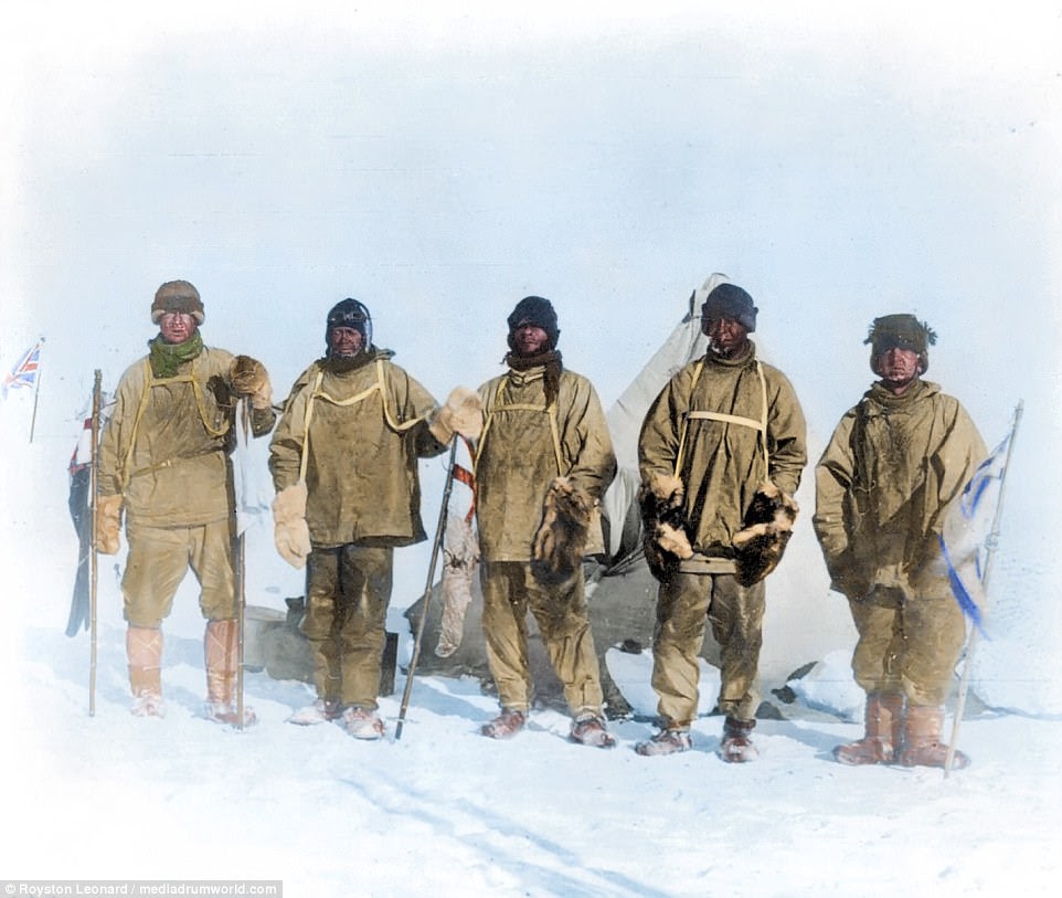 Members of the Terra Nova expedition at the South Pole, during which Scott and his companions perished 150 miles from their base camp after a planned meeting with supporting dog teams failed, despite Scott's written instructions. Scott's group took this photograph of themselves using a string to operate the shutter 