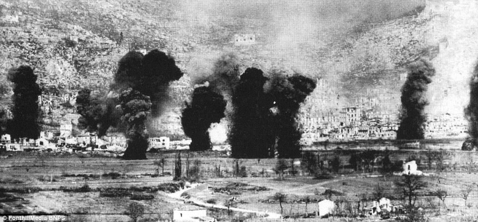 On the night of May 19, 1944, immediately after the collapse of the Gustav Line, when 12,000 Moroccan colonial soldiers called 'Goumiers' and other colonial troops swarmed over a group of mountain villages of the Province of Frosinone committing mass rapes. Pictured above, the destruction of the town as recorded by an Allied camera, March 15, 1944