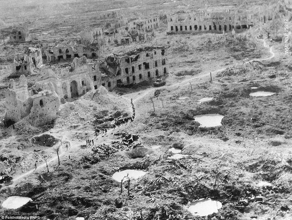 A view of the town after its complete destruction. Buildings were completely destroyed in the fighting, and in the aftermath, everything of value was believed to be stolen from villagers 