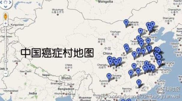 Locais das comunidades onde as taxas de câncer dispararam recentemente. (Global Times via Weibo)