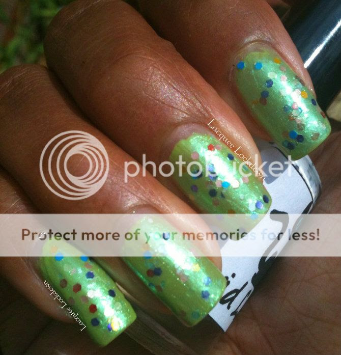Lacquer Lockdown - Vivid Lacquer, Waltraud, swatch, indie polish, indie glitter polish, indie, orly green apple, review