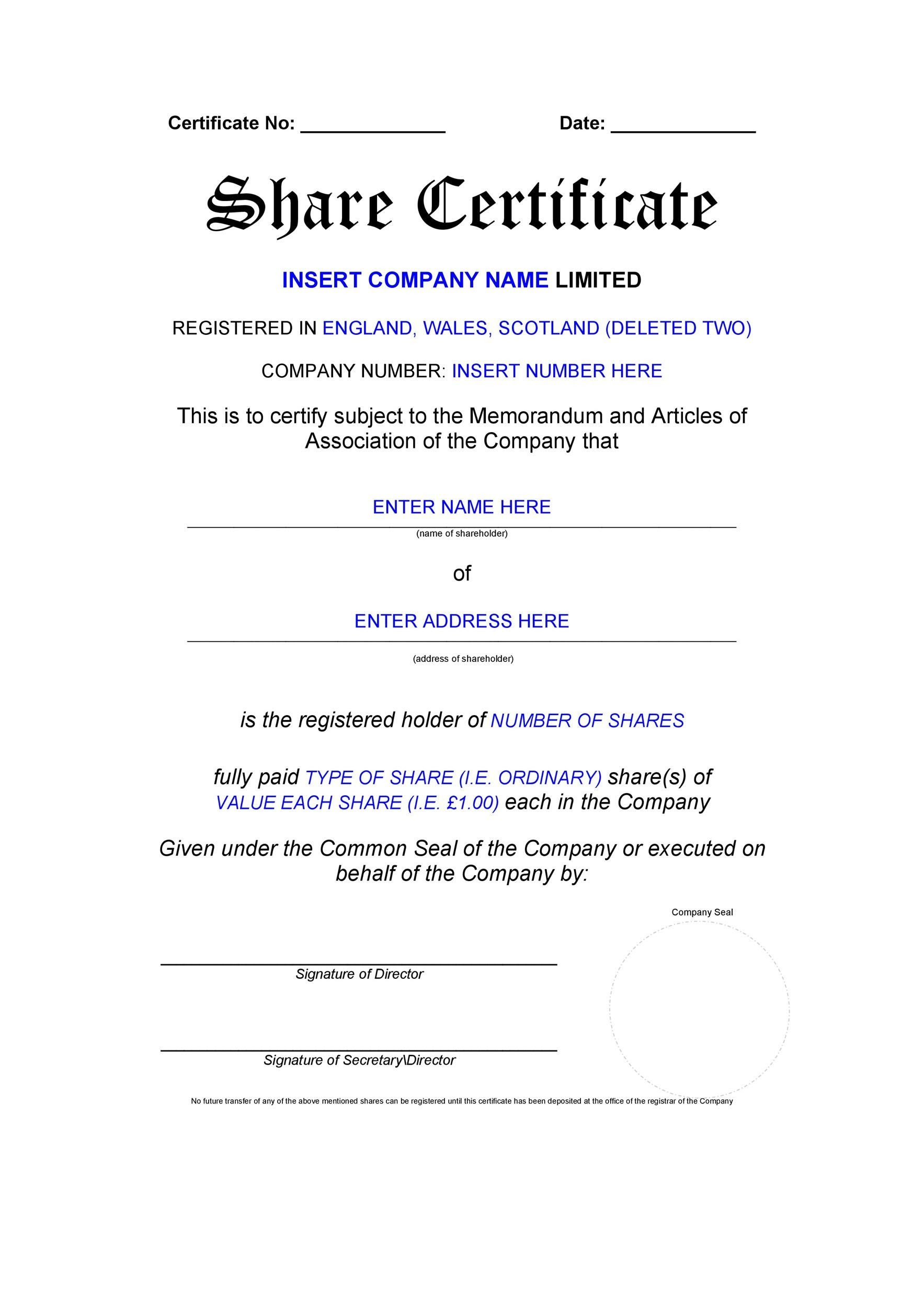 Share Certificate Template Cipc - Captions Lovers Within Template Of Share Certificate