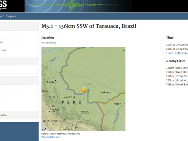 Terremoto de magnitude 5,1 atingiu município de Tarauacá, no Acre (Foto: Reprodução/USGS)